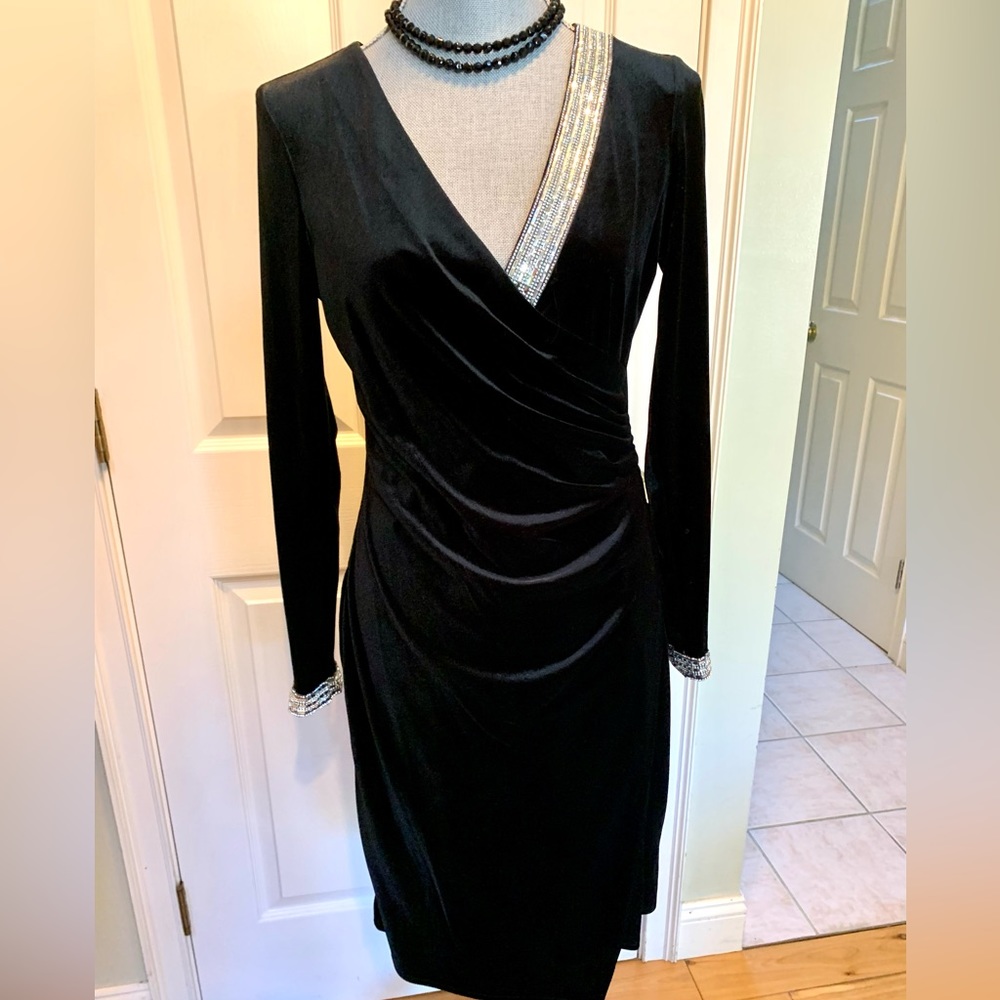 MSK Chic black velvet holiday dress with sparkling Crystal like beads size S
